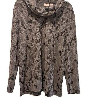Chico's Size 2 Large Cowl Neck Cozy Long Sleeve Gray Dark Floral Top